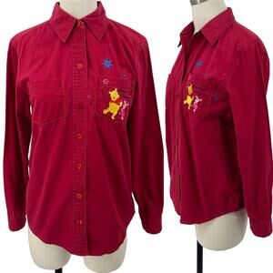 Vintage Y2k Disney Winnie the Pooh Embroidered Button Down Shirt Red Womens S